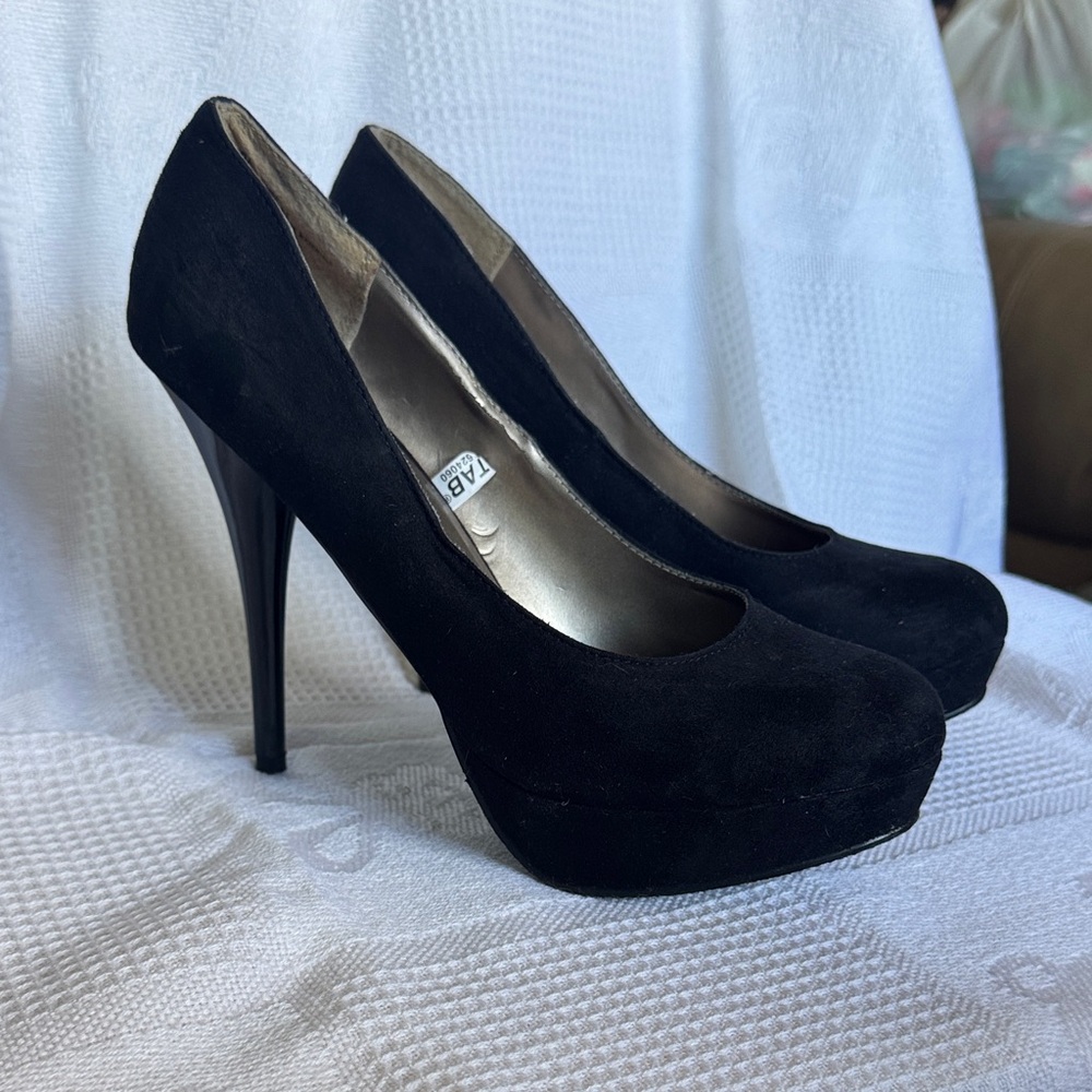 Gorgeous Mossino black suede platform pumps.